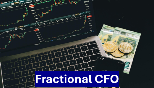 A laptop with graphs, bitcoins and euro bills, linking to information about Fractional CFO.